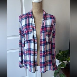 TINSEL Hattie Pocket Pink, Blue & White Plaid Button Down Flannel